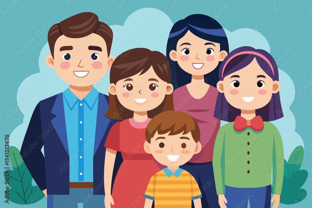 A cheerful cartoon family stands together, showcasing bright smiles and colorful outfits against a green backdrop Family Customizable Cartoon Illustration A cheerful cartoon family stands together, showcasing bright smiles and colorful outfits against a green backdrop Family Customizable Cartoon Illustration