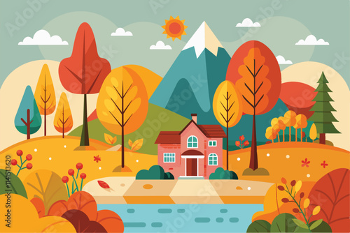 Bright autumn foliage frames a tranquil cottage near a sparkling river under a clear blue sky Fall is coming Customizable Semi Flat Illustration