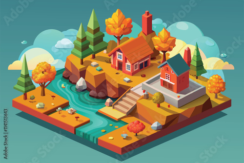 This artwork features a detailed autumn landscape with homes and falling leaves, surrounded by a serene stream Fall is coming Customizable Isometric Illustration