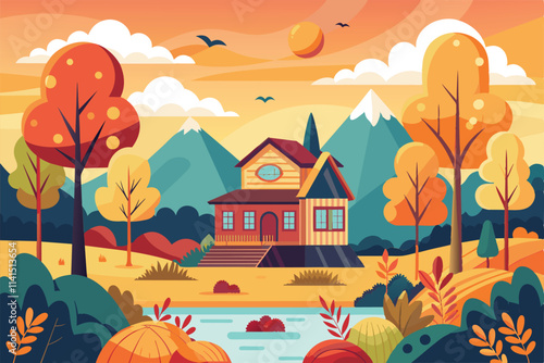 A cozy house nestled among vibrant autumn trees near a tranquil river under a golden sky Fall is coming Customizable Semi Flat Illustration