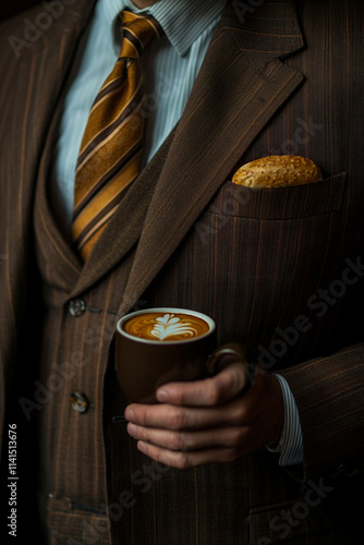 A close-up photo of a man in an elegant suit, holding a coffee mug in one hand and a freshly baked bagel in the other.
