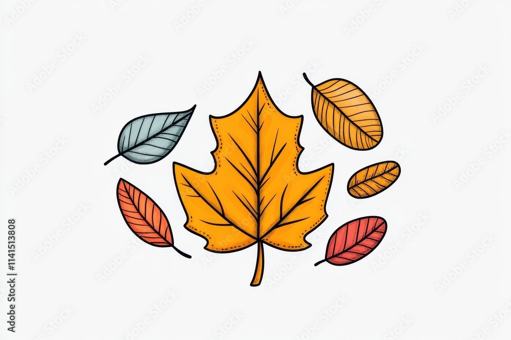 Obraz premium A minimalist illustration of a single maple leaf falling gracefully, drawn with simple lines and soft autumn tones on a white background