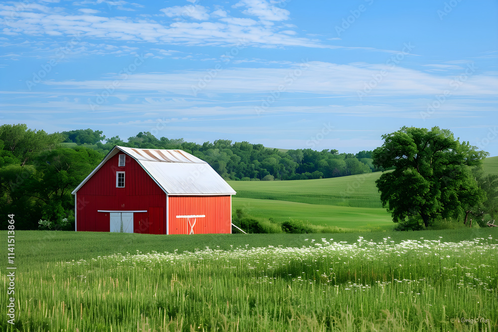 Classic Red Barn Amidst Lush Green Fields and Serene Countryside Landscape on a Clear Day Classic Red Barn Amidst Lush Green Fields and Serene Countryside Landscape on a Clear Day