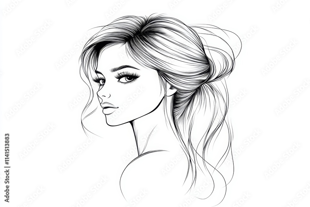 A minimalist line art drawing of a woman silhouette with flowing hair and graceful curves A minimalist line art drawing of a woman silhouette with flowing hair and graceful curves