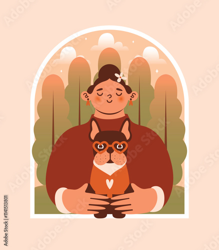 Cute woman standing and holding her dog in eyeglasses with forest on background. Naive isolated clip art for card, banner, brochure, flyer in window frame. National Dog Day. Adopt a dog.