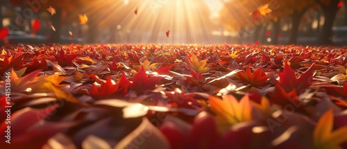 Beautiful autumn scene with a large field of red leaves scattered across the ground. The sun is shining brightly, casting a warm glow on the leaves and creating a peaceful atmosphere