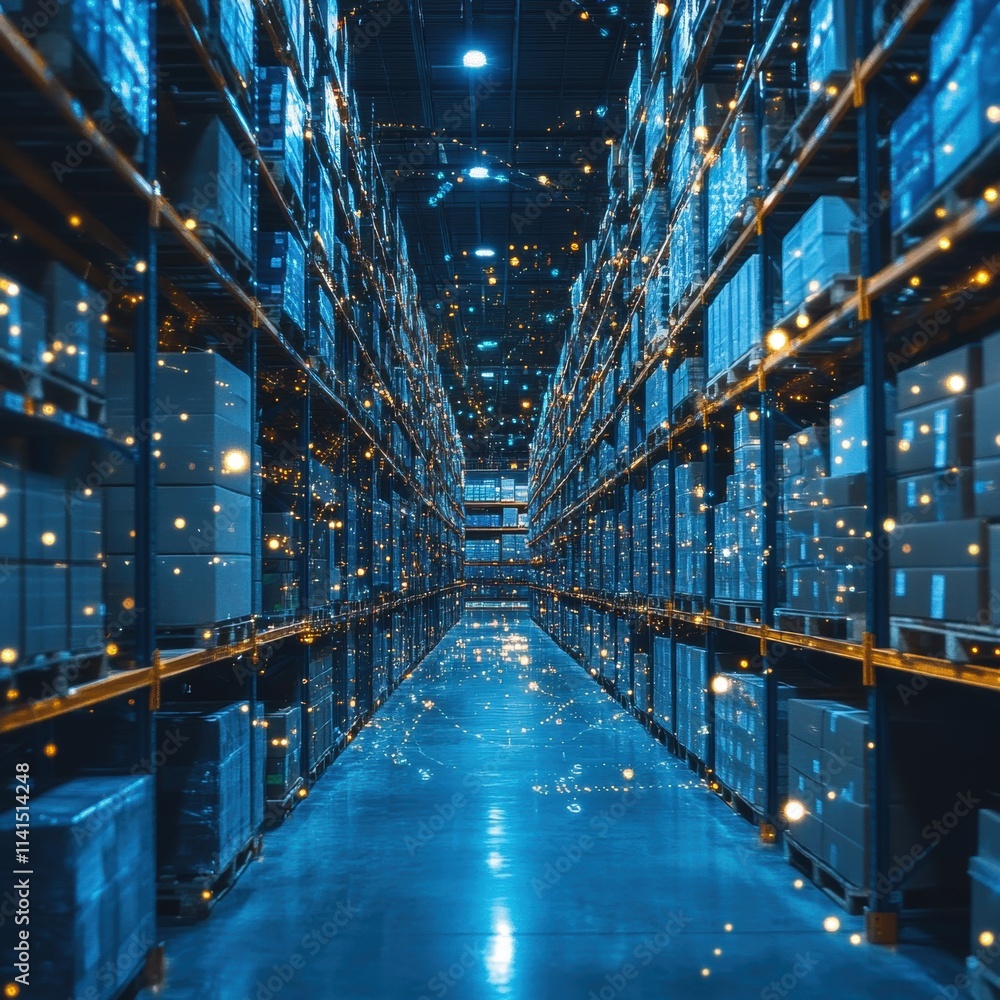 Modern Warehouse Interior with Shelves and Illuminated Aisles Modern Warehouse Interior with Shelves and Illuminated Aisles