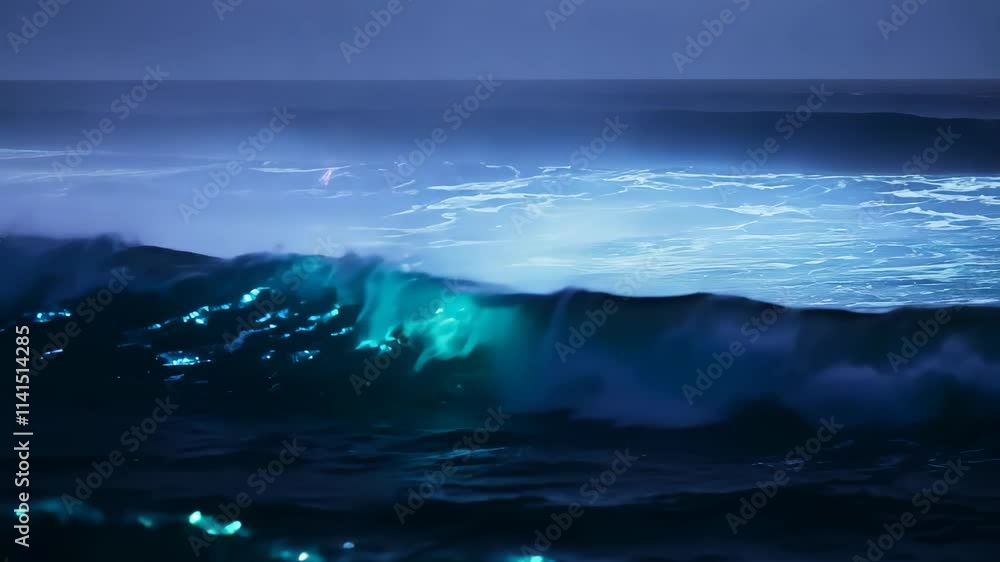 Watch the powerful ocean waves crashing against the shore during twilight Watch the powerful ocean waves crashing against the shore during twilight