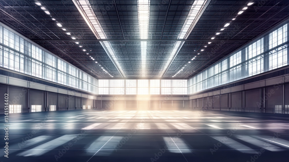 A spacious, well-lit industrial interior with large windows and polished flooring. A spacious, well-lit industrial interior with large windows and polished flooring.