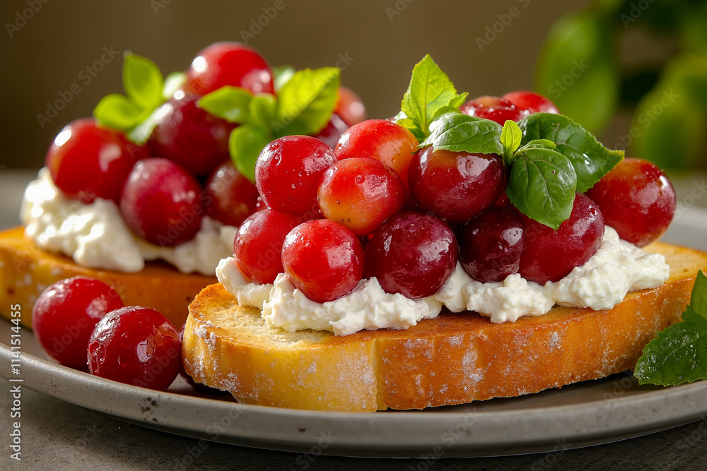 A plate topped with grapes and whipped cream on top of toast A plate topped with grapes and whipped cream on top of toast