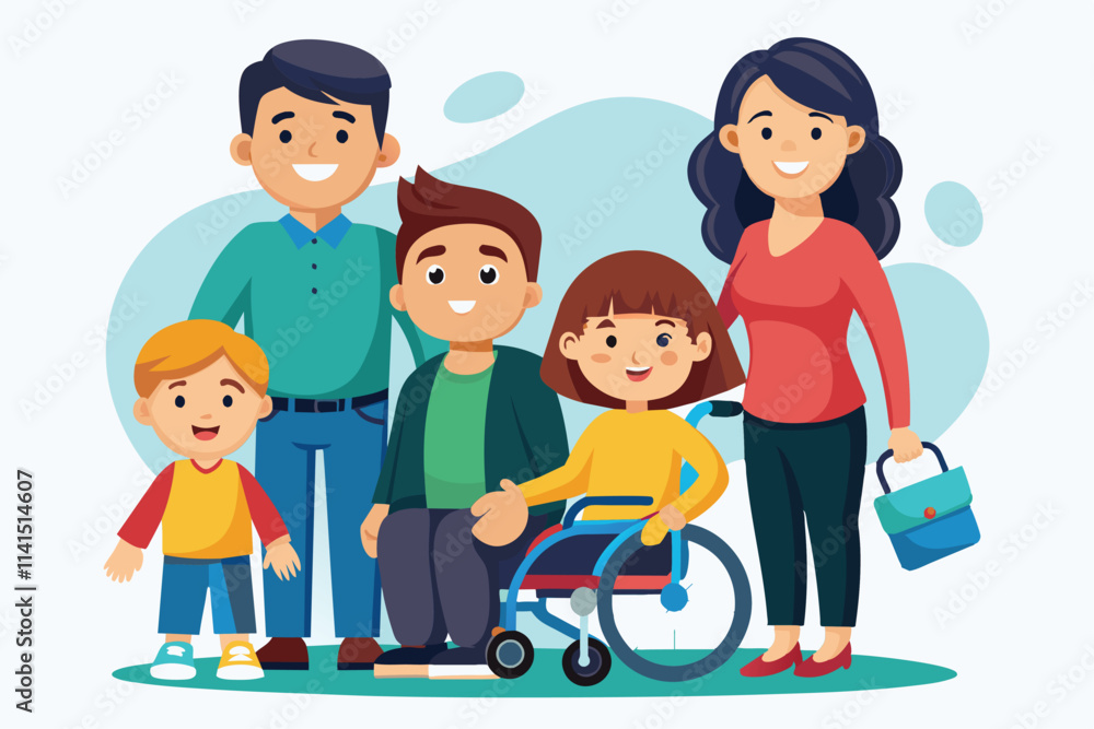 A cheerful family poses happily, showcasing love and support for their child with a disability Family with a disabled child Customizable Disproportionate Illustration A cheerful family poses happily, showcasing love and support for their child with a disability Family with a disabled child Customizable Disproportionate Illustration