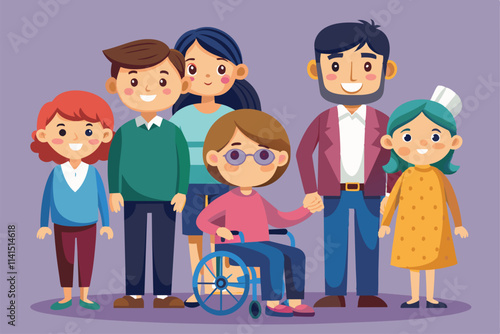 A loving family gathers happily, showcasing support and joy around a wheelchair user among them Family with a disabled parent Customizable Cartoon Illustration