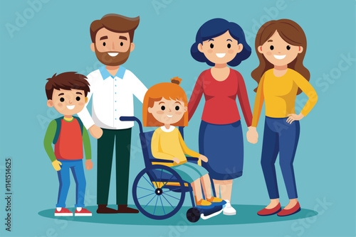 A loving family stands together, with one parent in a wheelchair and children smiling brightly Family with a disabled parent Customizable Cartoon Illustration