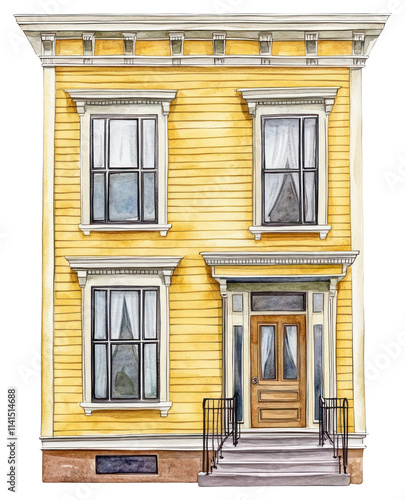 PNG Vintage yellow town house architecture illustration building.