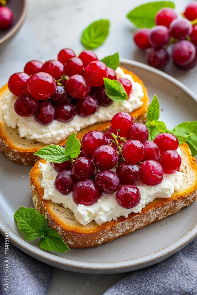 A white plate topped with two slices of bread covered in cheese and grapes A white plate topped with two slices of bread covered in cheese and grapes