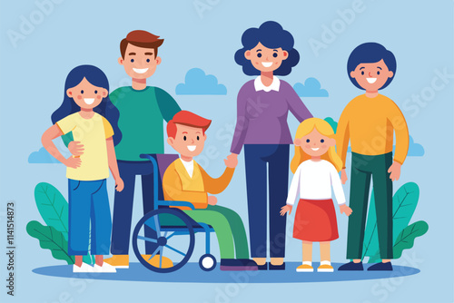A cheerful family gathers around a young boy in a wheelchair, sharing smiles in a bright outdoor setting Family with a disabled parent Customizable Semi Flat Illustration
