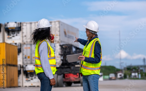 Canvastavla Engineer or dockworker working in the construction container dock yard checking and inspection containers data on computer program environment is container shipping Logistics business concept