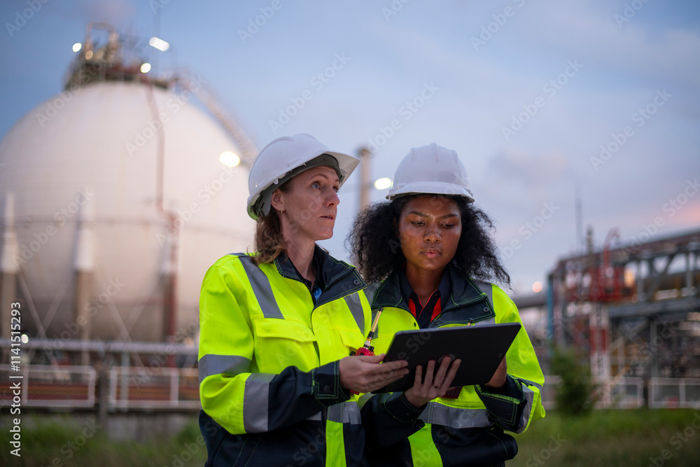 Engineers wearing safety gear, including hard hats examining survey a large blueprint tablet standing industrial facility gas or oil refinery engaged in a job requires high safety standards concept. Engineers wearing safety gear, including hard hats examining survey a large blueprint tablet standing industrial facility gas or oil refinery engaged in a job requires high safety standards concept.