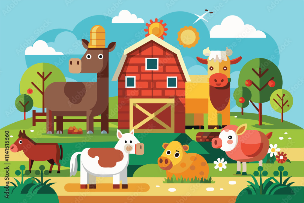 Bright farm animals gather near a colorful barn in a cheerful countryside during a sunny day Farm animals Customizable Semi Flat Illustration Bright farm animals gather near a colorful barn in a cheerful countryside during a sunny day Farm animals Customizable Semi Flat Illustration