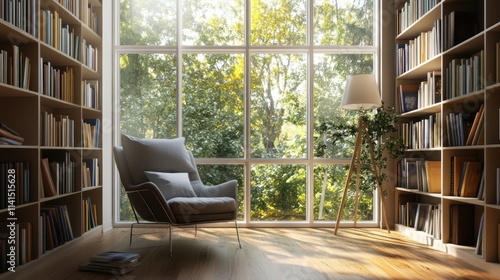 Serene Reading Nook: Sunlight Streaming Through Large Windows in a Cozy Library