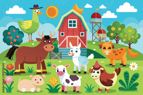 Various farm animals gather near a red barn under a bright blue sky and warm sun Farm animal set