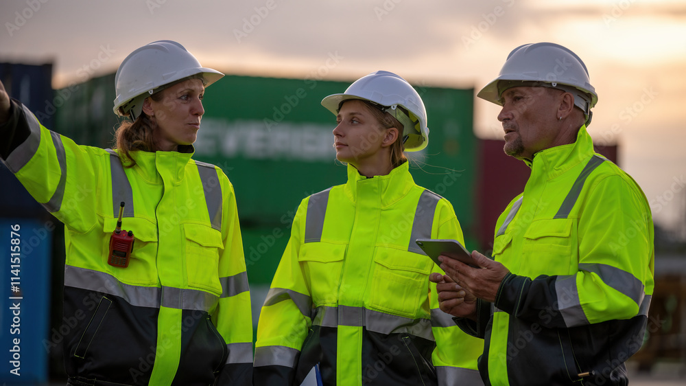 Engineer or dockworker working in the construction container dock yard checking and inspection containers data on computer program environment is container shipping Logistics business concept. Engineer or dockworker working in the construction container dock yard checking and inspection containers data on computer program environment is container shipping Logistics business concept.