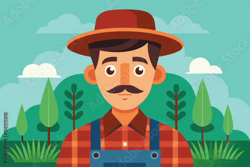 A friendly farmer stands in front of green trees under a bright blue sky Farmer Customizable Disproportionate Illustration