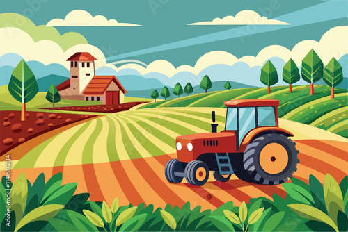 A bright tractor tills the soil on a farm field with trees in the background and a farmhouse nearby Farm field with tractor,