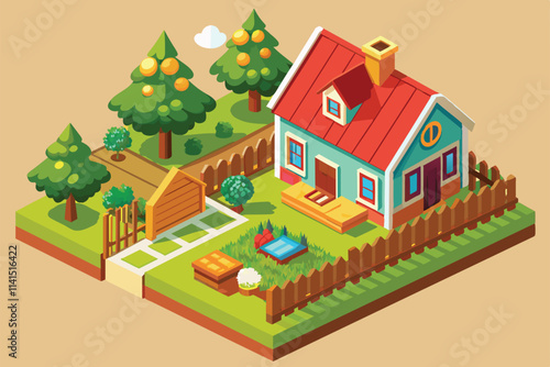 A quaint farmhouse features a vibrant garden, trees, and a cozy atmosphere in a rural landscape Farm house Customizable Isometric Illustration