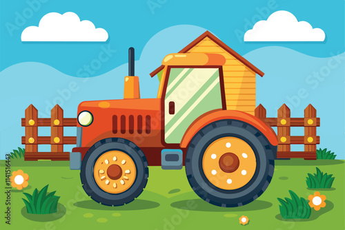 Cartoon tractor stands on green grass near a wooden fence and house on a bright, sunny day Farm tractor Customizable Cartoon Illustration