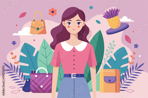 A fashion blogger presents unique styles and accessories in a colorful and lively environment Fashion blogging Customizable Semi Flat Illustration