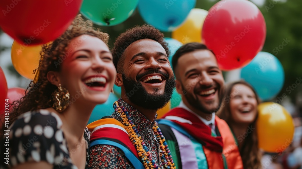Joyful Diverse Graduates Celebrating with Colorful Balloons in a Festive Outdoor Setting Joyful Diverse Graduates Celebrating with Colorful Balloons in a Festive Outdoor Setting