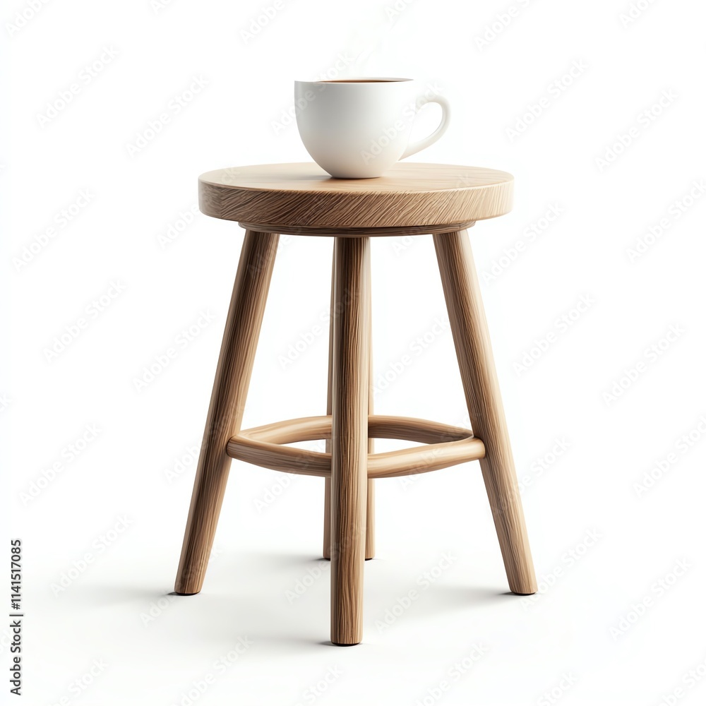 A minimalist wooden stool featuring a round top, elegantly designed with four sturdy legs, topped with a simple white cup, perfect for modern living spaces white background. A minimalist wooden stool featuring a round top, elegantly designed with four sturdy legs, topped with a simple white cup, perfect for modern living spaces white background.