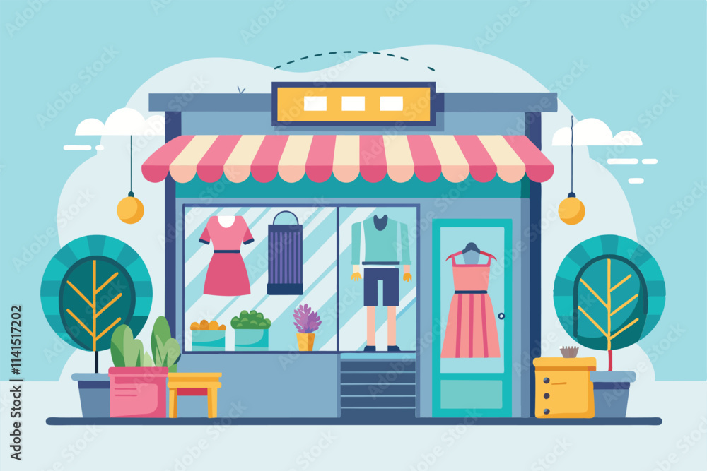 Obraz premium A vibrant fashion shop displays colorful outfits and plants outside its welcoming entrance Fashion shop Customizable Semi Flat Illustration