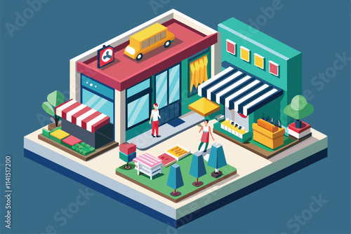 A fashionable retail area features unique storefronts and shoppers enjoying their day in a lively atmosphere Fashion shop Customizable Isometric Illustration
