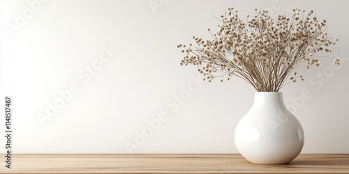 Modern White Ceramic Vase with Dry Grass Decorated on Wooden Table for Minimalist Home Interior and Aesthetic Appeal