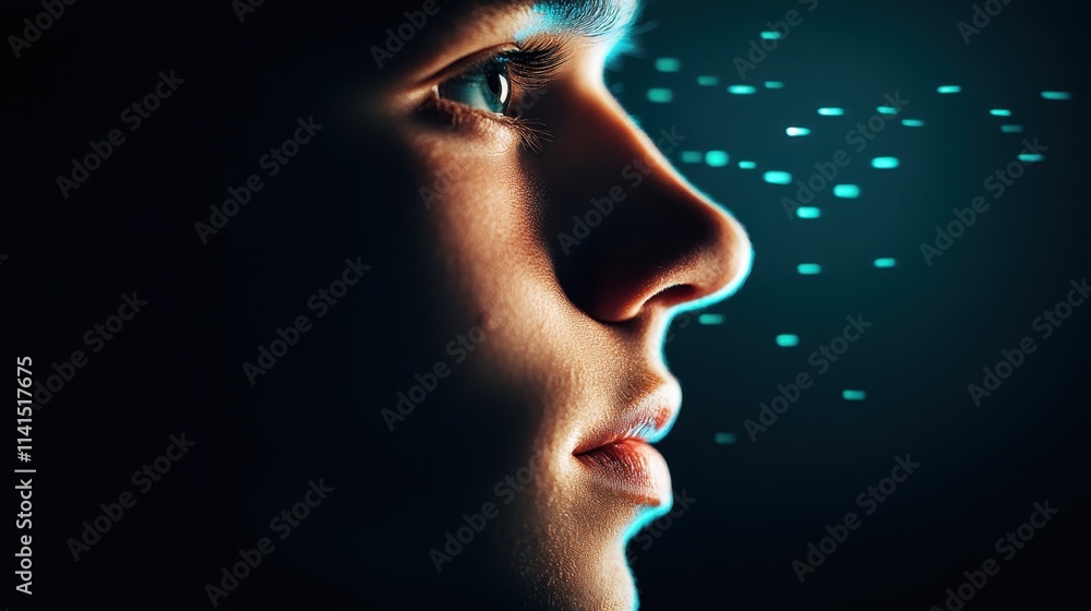 Close-Up Profile of a Face in Shadow with Dynamic Illumination Effects Creating a Dramatic and Captivating Visual Experience Close-Up Profile of a Face in Shadow with Dynamic Illumination Effects Creating a Dramatic and Captivating Visual Experience
