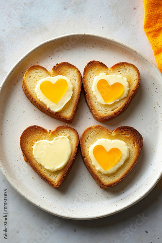 Four heart shaped toast with butter and eggs on a plate