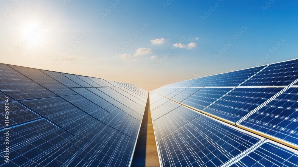 Obraz premium Solar panels reflecting sunlight in a clear blue sky.