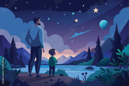 A father and child are gazing at the stars beside a peaceful lake during a starry night Father and child watching the stars on a clear night.