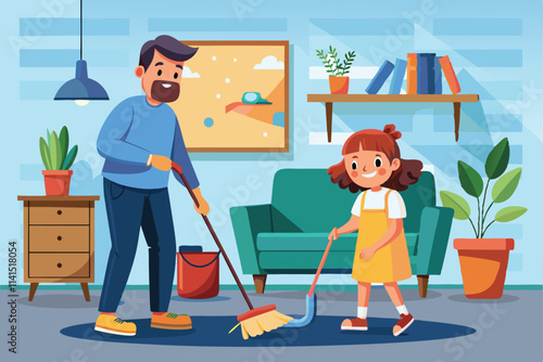 Father and daughter happily work together to clean their sanitized living space Father and daughter clean their apartment