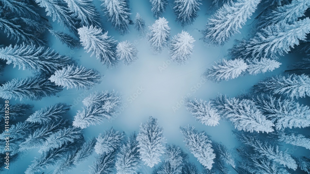 Snow-Covered Pine Trees View from Above in Winter Wonderland Landscape Snow-Covered Pine Trees View from Above in Winter Wonderland Landscape