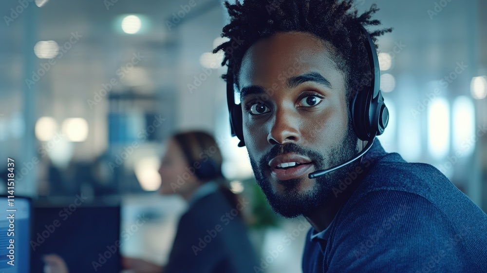 Modern Call Center Agent in Headset Engaged in Communication Within Contemporary Office Environment Modern Call Center Agent in Headset Engaged in Communication Within Contemporary Office Environment