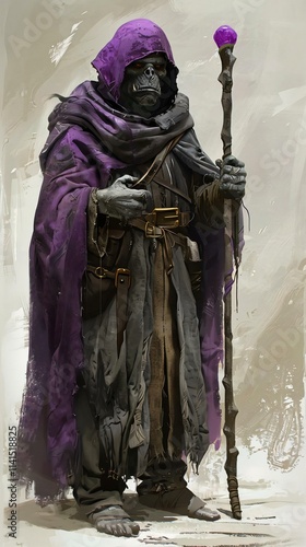 Fantasy character stands commanding presence adorned purple hooded cloak gray robe holding staff wearing mask photo