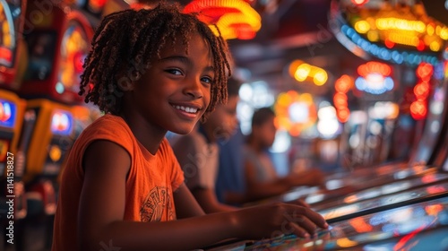 Wallpaper Mural A smiling child enjoys playing arcade games in a vibrant amusement environment. Torontodigital.ca