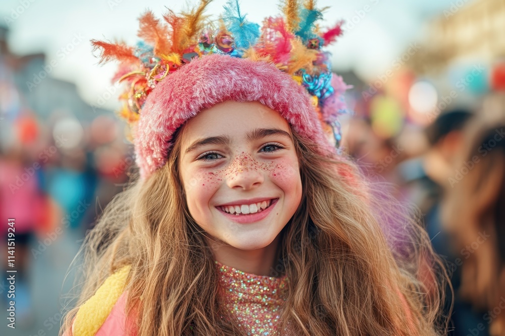Colorful Street Fair with Photobooth and Happy Child in Festive Attire Smiling Brightly Amidst Vibrant Atmosphere and Decorations Colorful Street Fair with Photobooth and Happy Child in Festive Attire Smiling Brightly Amidst Vibrant Atmosphere and Decorations