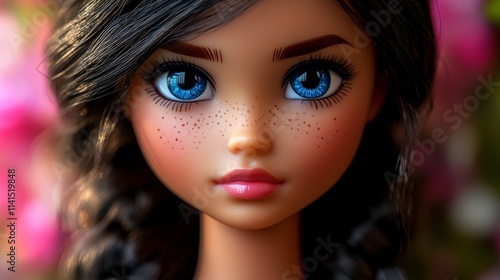 Charming Portrait of a Doll with Vibrant Blue Eyes and Freckles Against a Soft Floral Background, Captivating Expressions and Realistic Features