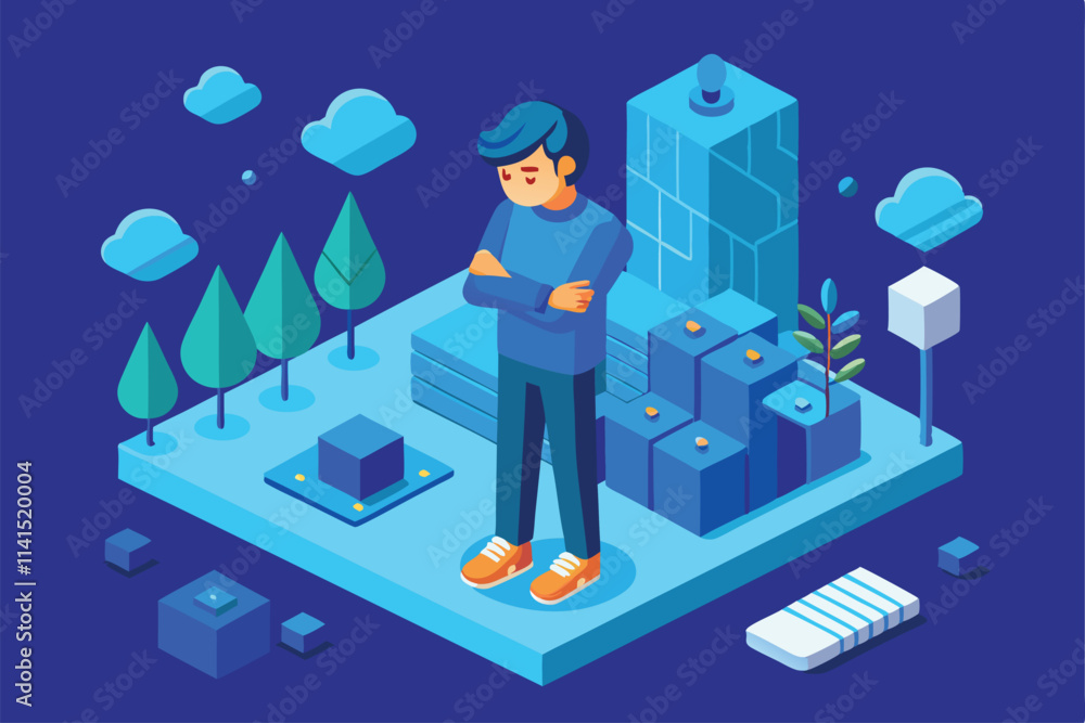 A person stands with arms crossed, looking contemplative amidst vibrant geometric shapes and trees Feeling blue Customizable Isometric Illustration A person stands with arms crossed, looking contemplative amidst vibrant geometric shapes and trees Feeling blue Customizable Isometric Illustration