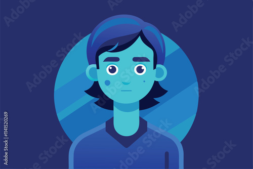 A young person with blue-toned skin and dark hair conveys a melancholic expression in a simple design Feeling blue Customizable Semi Flat Illustration