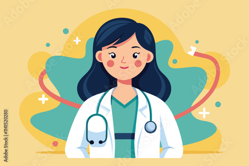 A female medical intern stands confidently wearing a stethoscope and smiling warmly Female Asian medical intern with stethoscope